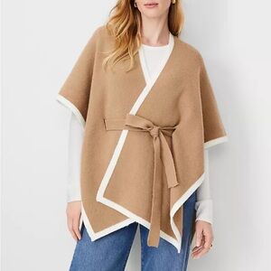 Ann Taylor Tan and White Belted Wrap Sweater Poncho